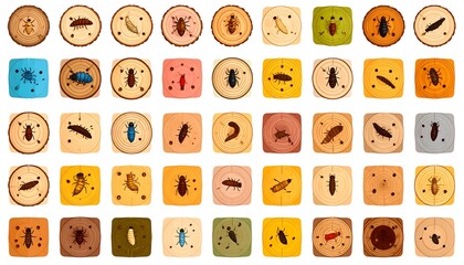 Diverse Collection of Insect Illustrations on Colorful Circular and Square Backgrounds.