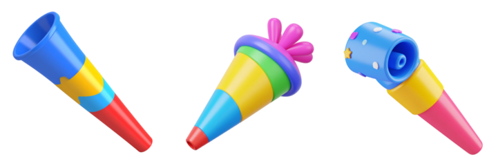 Three Colorful Party Horns Set Against Transparent Background Isolated Objects for Birthday Celebrations and Festive Events