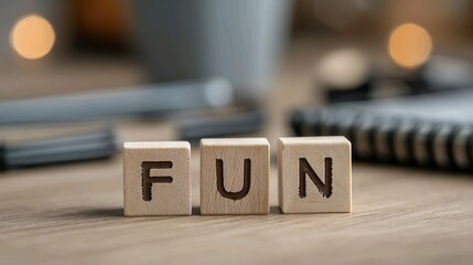 Fun word on wooden blocks concept joy and entertainment