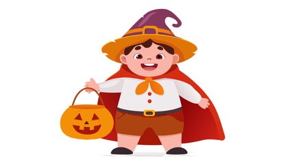 A cartoon boy dressed in a halloween costume with a cape and hat holding a pumpkin shaped bucket of candy silhouette