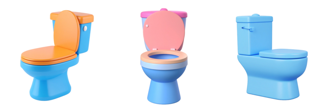 Three Colorful Toilets Isolated On Transparent Background Displaying Various Designs and Styles