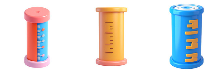Three Cylindrical Objects Rendered With Pink Orange Yellow And Blue Tones Against Transparent Background