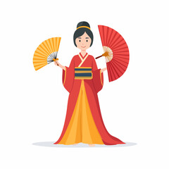 Obraz premium Elegant Asian woman in traditional kimono holding two decorative fans, cultural illustration on white background