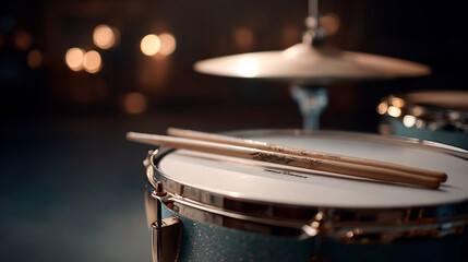An evocative close-up shows drumsticks resting on a drum kit, bathed in warm, inviting stage light.