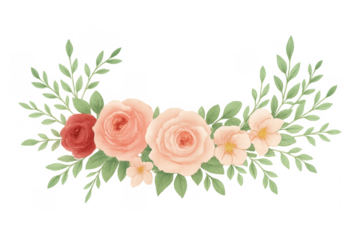 Watercolor roses and leaves garland on transparent background