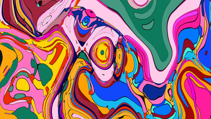 Close up of swirling vibrant colors creating an abstract fluid, and psychedelic pattern design effect