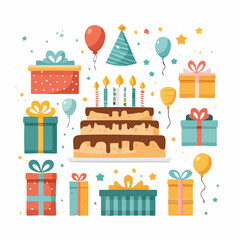 Colorful Birthday Party Celebration Set with Cake, Gifts, Balloons, and Party Hat Illustration
