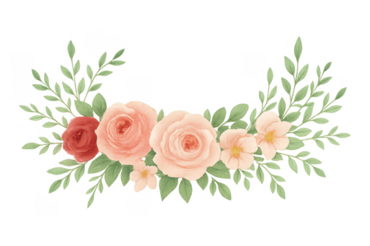 Watercolor roses and leaves garland on transparent background