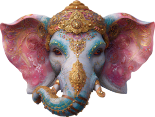 Vibrant Artistic Lord Ganesha Head with Intricate Patterns, Front-Facing View, Isolated on Transparent Background