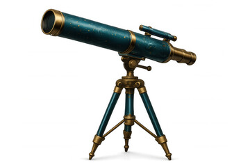 Vintage brass telescope positioned skyward, focusing distant celestial objects against transparent backdrop
