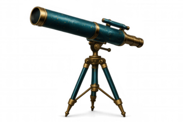 Vintage brass telescope positioned skyward, focusing distant celestial objects against transparent backdrop