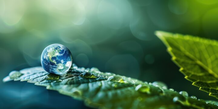 A green leaf with water droplets on it, with a small, round, transparent sphere representing the Earth's surface, floating on the leaf's surface.