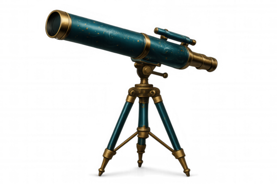 Vintage brass telescope positioned skyward, focusing distant celestial objects against transparent backdrop