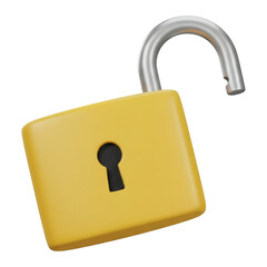 yellow open padlock 3d icon on transparent background