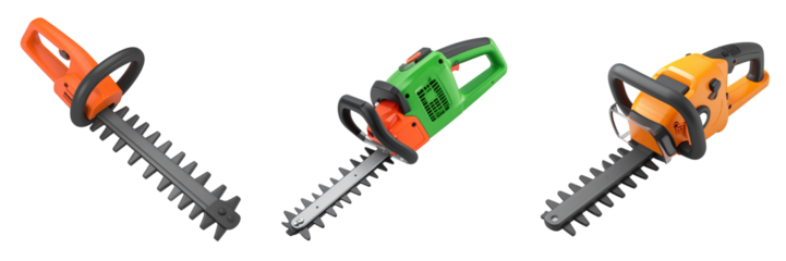 Isometric View of Three Hedge Trimmers in Vibrant Colors Against a Transparent Background