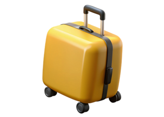 This is a 3D render of a bright yellow suitcase. It has a sleek, rounded design with a retractable handle and black spinner wheels, suggesting durability for travel.