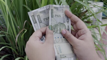 closeup of a women's hand counting an 500 rupee note of indian currency in the farm