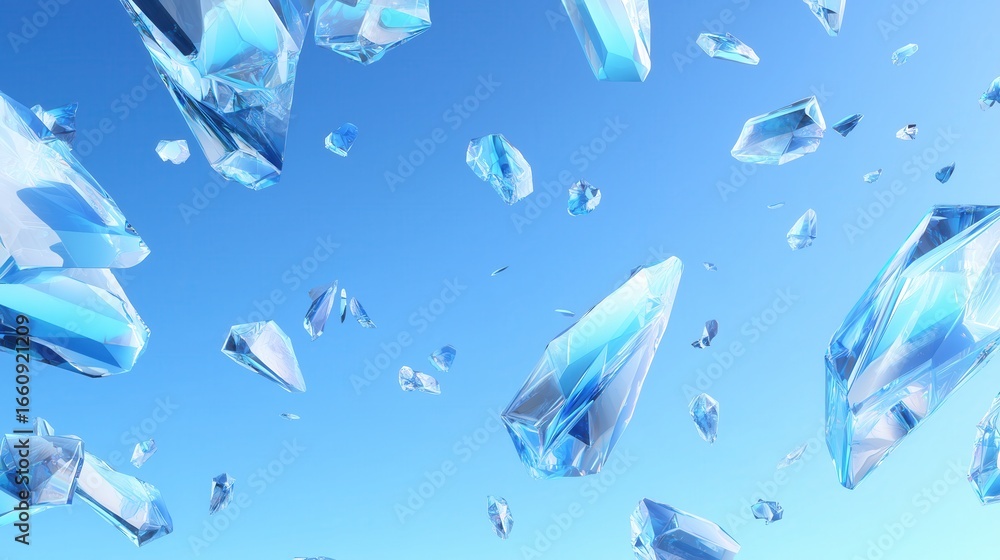 Poster crystal background scattered crystals glimmering against a blue sky background, creating a vibrant a