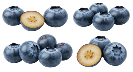 Fresh blueberries arranged artistically with some cut in half isolated on white background showcasing their juicy interior