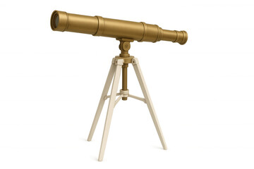 Vintage brass telescope mounted on wooden tripod, positioned for nautical viewing against transparent backdrop