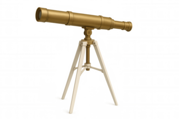 Vintage brass telescope mounted on wooden tripod, positioned for nautical viewing against transparent backdrop