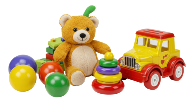 Colorful childrens toys including a teddy bear stacking rings and a toy truck isolated on white background
