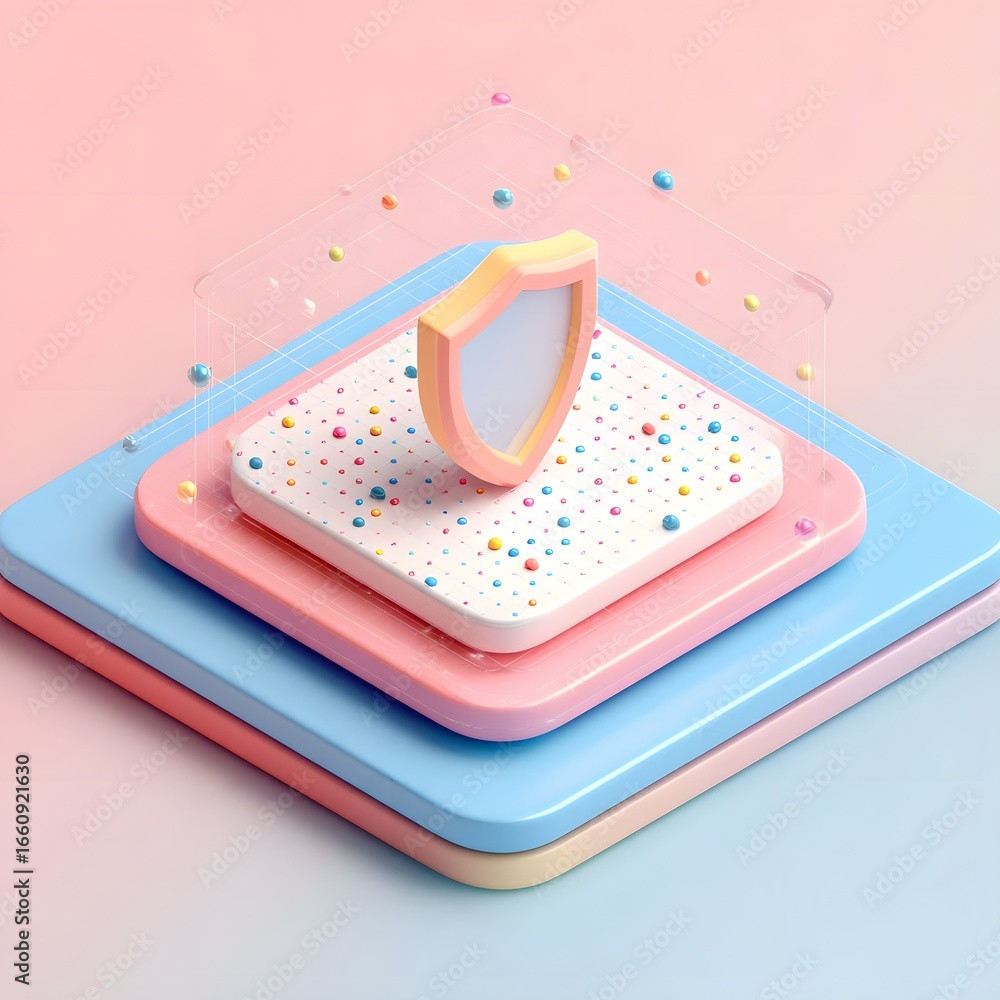 Poster colorful abstract shapes with playful dots on layered platforms against a soft pastel background