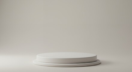 Minimalist white stage with soft shadows – A round podium with matte white finish, centered under diffused lighting, clean background, simple and modern.