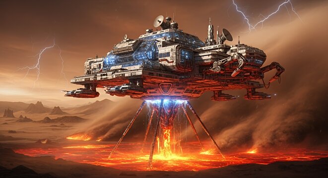 Spaceship Landing on a Volcanic Planet