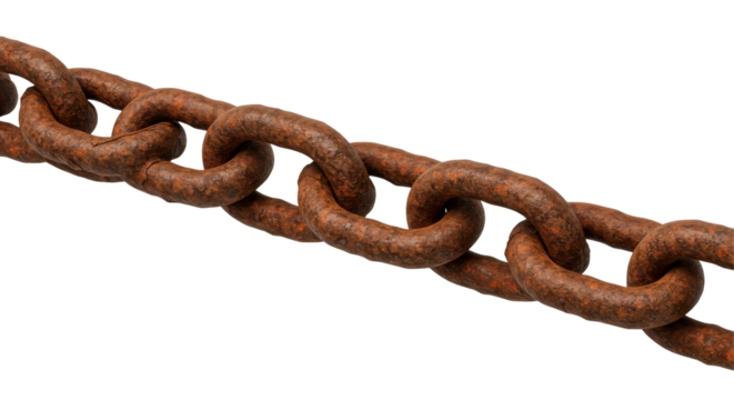 Rusty metal chain link isolated on white background showcasing texture and detail