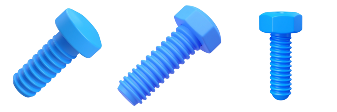 Three Blue Bolts In Varying Perspectives With Detailed Thread And Hexagonal Heads On Transparent Background