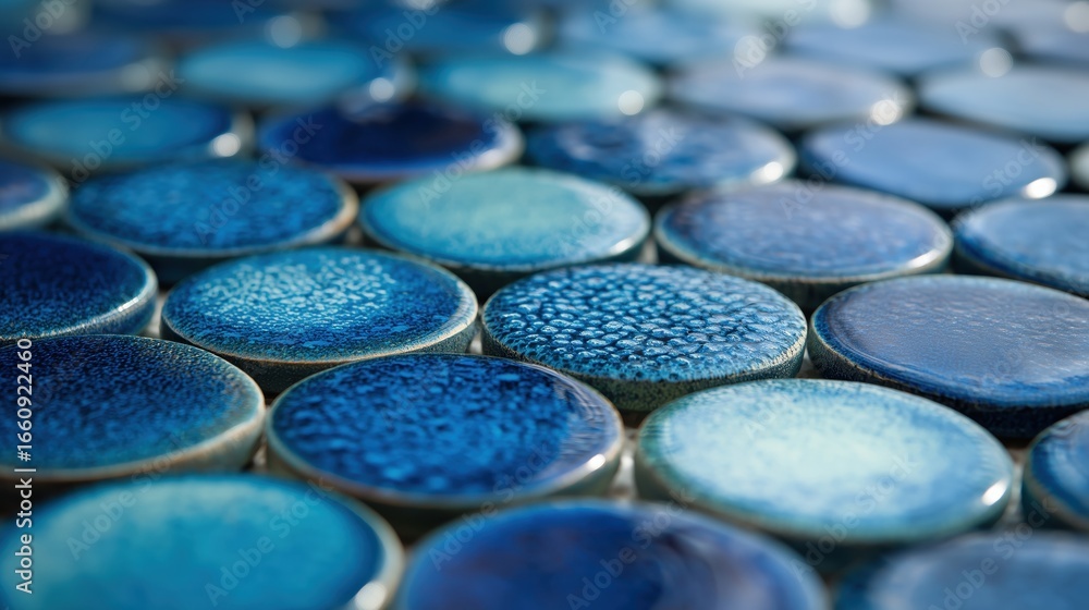 Aufkleber blue circular mosaic tiles close-up of blue circular tiles with varied textures and shades, creating