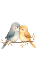 A pair of fluffy, cartoon-style lovebirds with rosy cheeks, perched affectionately on a branch.