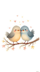 A pair of fluffy, cartoon-style lovebirds with rosy cheeks, perched affectionately on a branch.