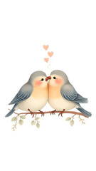 A pair of fluffy, cartoon-style lovebirds with rosy cheeks, perched affectionately on a branch.