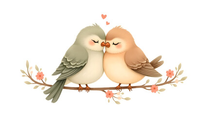 A pair of fluffy, cartoon-style lovebirds with rosy cheeks, perched affectionately on a branch.