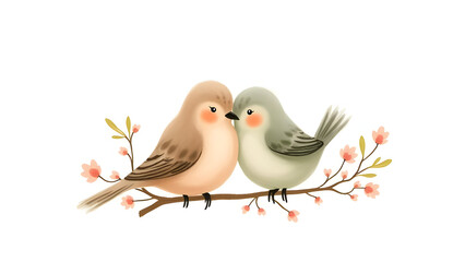 A pair of fluffy, cartoon-style lovebirds with rosy cheeks, perched affectionately on a branch.
