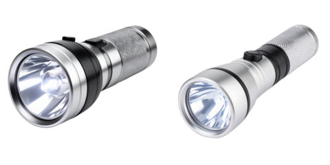 Two Silver Flashlights with Bright Beams on Transparent Background