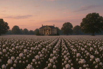 AI-Generated elegant white flower field landscape background with stately mansion estate at golden sunset for luxury real estate and wedding venue marketing.