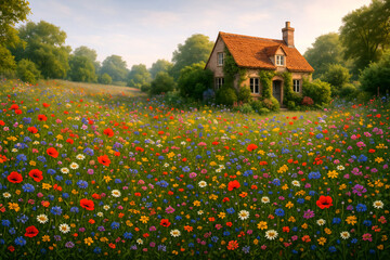 AI-Generated enchanting wildflower meadow landscape background with charming stone cottage surrounded by vibrant spring blooms for countryside tourism and pastoral lifestyle content.