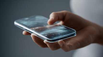 Close-up of a sleek smartphone displaying a vibrant and dynamic holographic interface on its screen.