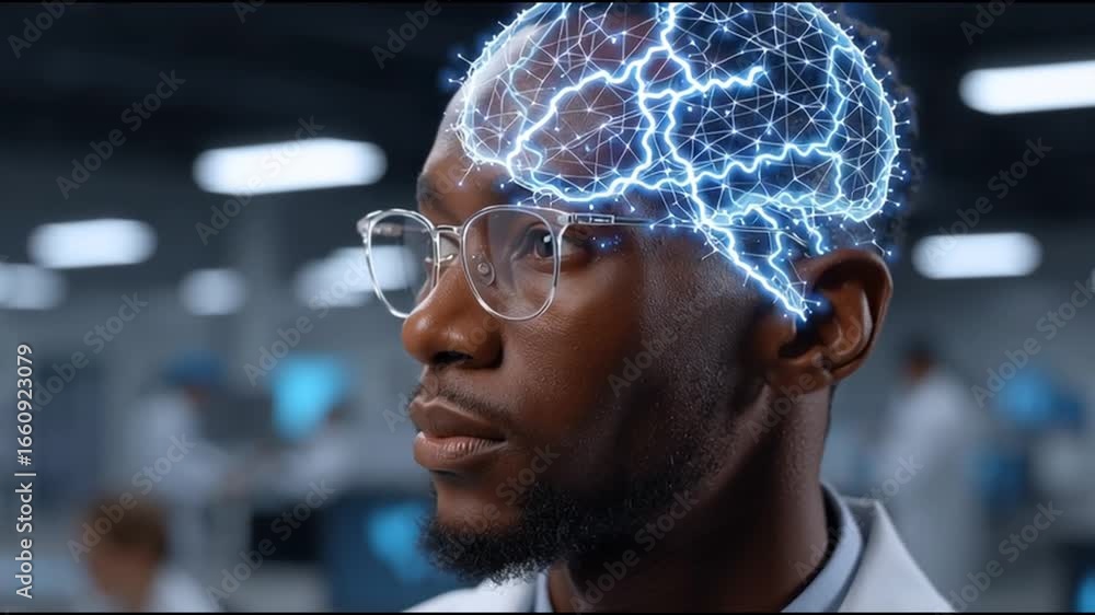 Poster deepfake ai. machine learning. synthetic media. a man with glasses and a digital brain visualization
