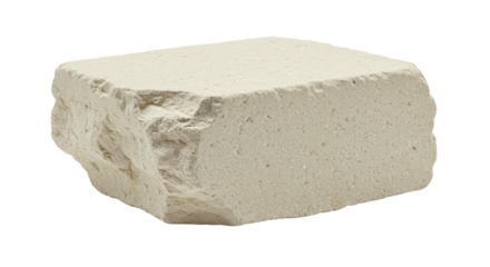 Close up of a textured light colored stone block isolated on white background resting on a clean surface with no distractions