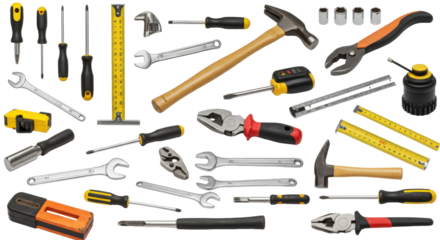 A diverse collection of hand tools arranged neatly isolated on white background for DIY projects