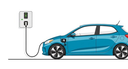 Blue Electric Vehicle Charging at Wall Station: Sustainable Automotive Technology Illustration on White Background