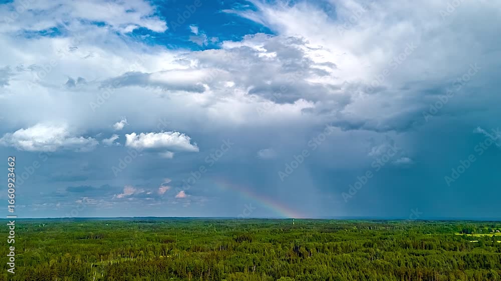 Poster rainbow appears in rain as clouds form and dissipate above remote green terrain in moody light and s