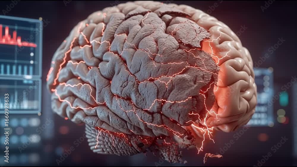 Poster deepfake ai. machine learning. synthetic media. a split brain illustration showing damage on one sid