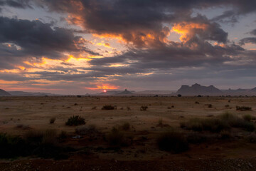 Twilight settles over the vast Saudi Arabian desert with sparse shrubs and distant mesas creating a tranquil wilderness scene.
