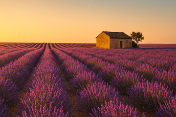 AI-Generated picturesque lavender field rows landscape background with rustic stone farmhouse at golden sunset for Provence tourism and agricultural marketing content.