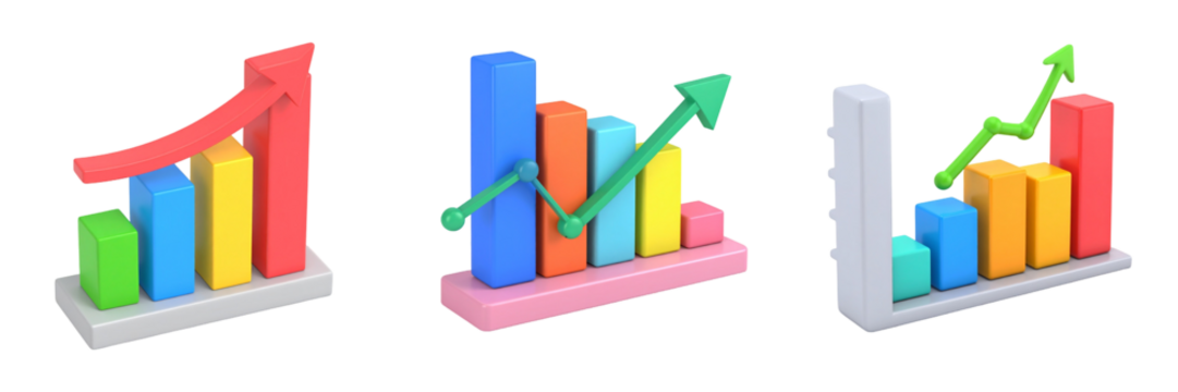 Colorful 3D Chart Illustrations With Upward Arrows Showing Business Growth On Transparent Background - Powered by Adobe